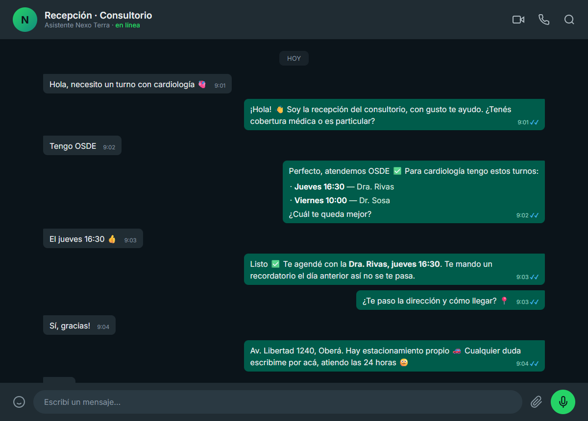 Conversación del Asistente Nexo Terra por WhatsApp
